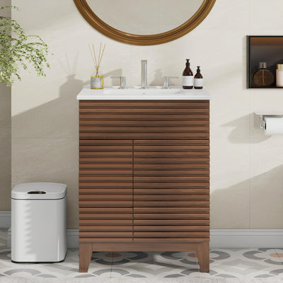 Vabches Bathroom Vanity with Sink Combo, Mid-Century Bathroom Cabinet with 3 Storage Drawers, Freestanding Storage Cabinet with Soft Closing Door, Vintage Sink Vanity with Wood Grain Laminate, Walnut