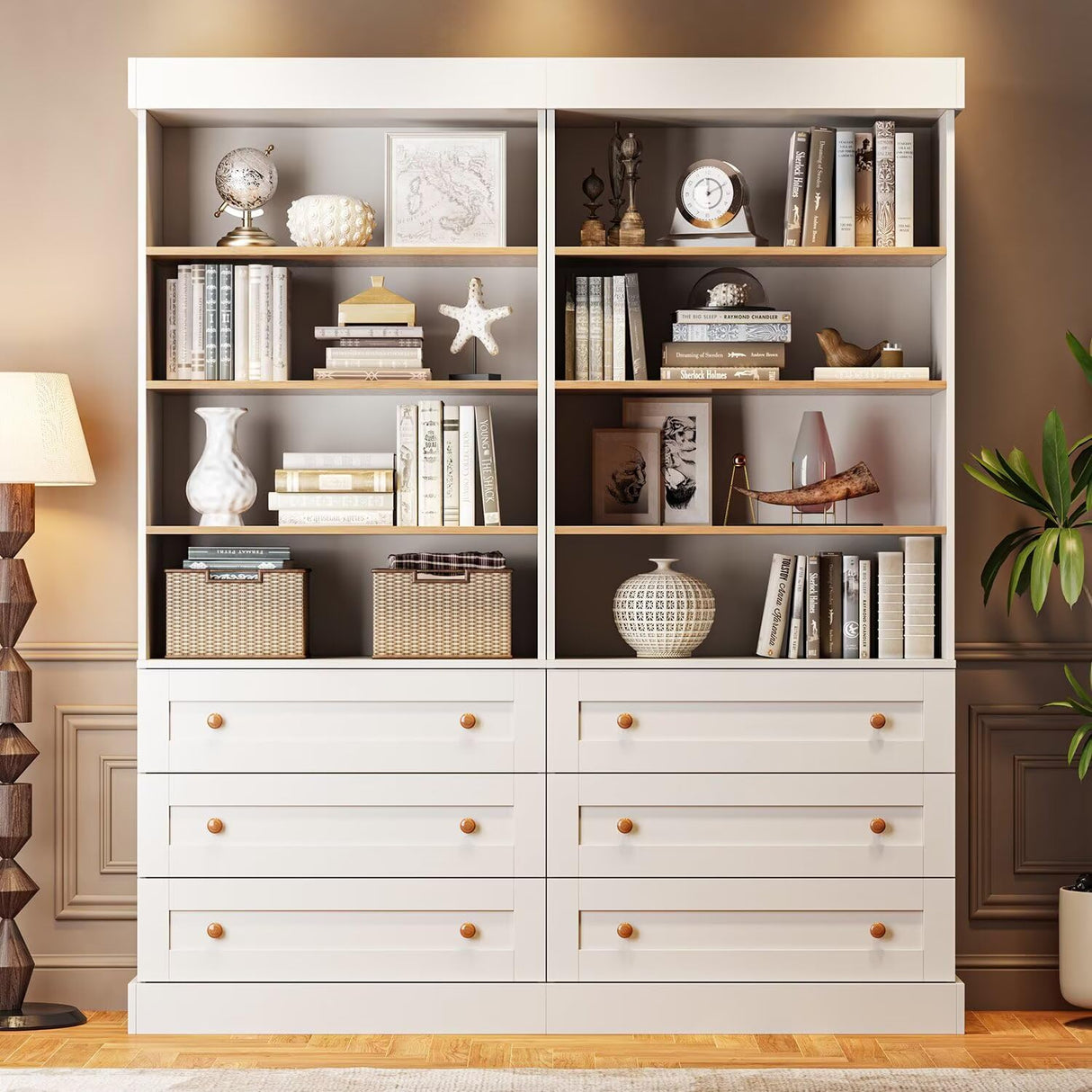 Vyre 71" Tall Farmhouse Bookshelves with Drawers, Large Modular Bookcase with Adjustable Shelves, Storage Cabinet for Living Room, Kitchen, Home Office, White Vyre