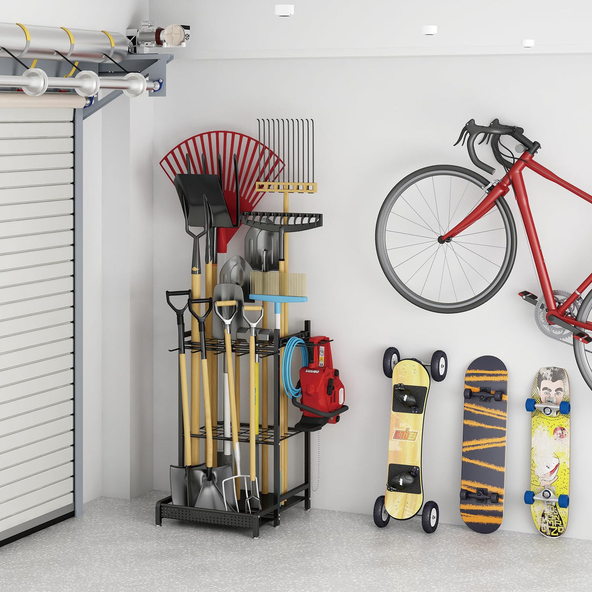 GILLAS Garden Tool Organizer for Garage, Utility Storage Racks with Hooks, Metal Yard Tool Stand Holder Organizer for Long-Handled, Broom, Shovel, Rake, Sturdy Heavy Rack for Outdoor, Yard, Black GILLAS