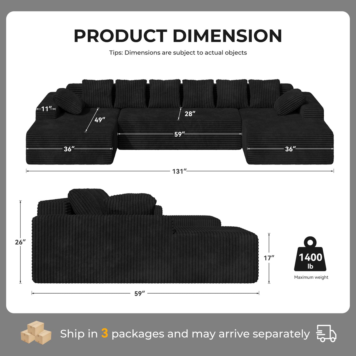 131'' U Shaped Sectional Couches with Chaise Lounge, No Assembly Required Deep Seat Modular Cloud Sofa for Living Room 1PCS, Bedroom Luxanimarion