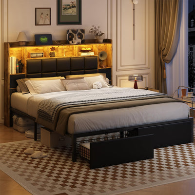 TIGUBFRE LED Bed Frame King Size with Bookshelf PU Leather Headboard, 2 Hidden Storage Drawers, Upholstered Platform Bed with Charging Station, Metal Slats Support, Noise Free, No Box Spring Needed
