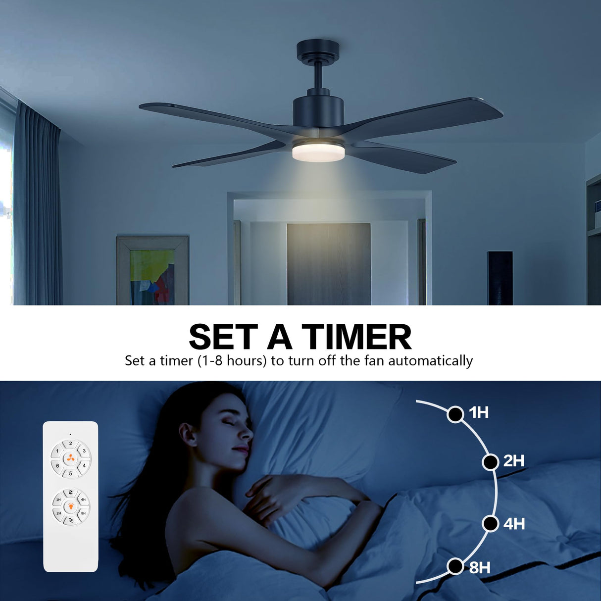 WINGBO 54 Inch DC Ceiling Fan with Lights and Remote Control, 4 Carved Solid Wood Blades, 6-Speed Noiseless Reversible DC Motor, Modern Ceiling Fan in Matte Black Finish with Black Blades WINGBO