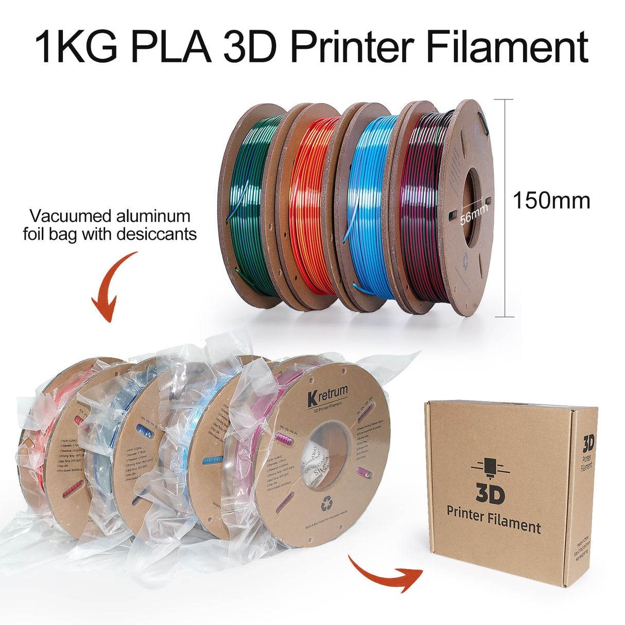 Kretrum Silk PLA 3D Printer Filament Dual Color Refills 1.75 mm Color Changing Bundle Dimensional Accuracy +/- 0.02 mm 250g x 4 Spools (Rose & Blue, Red & Gold, Violet & Green, Blue & Green) Kretrum