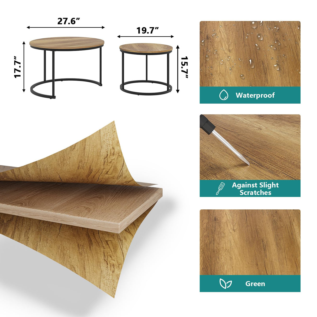 Smuxee Nesting Coffee Table Set of 2, 27.6" Round Coffee Table Wood Grain Top with Adjustable Non-Slip Feet, Industrial End Table Side Tables for Living Room Bedroom Balcony Yard Smuxee