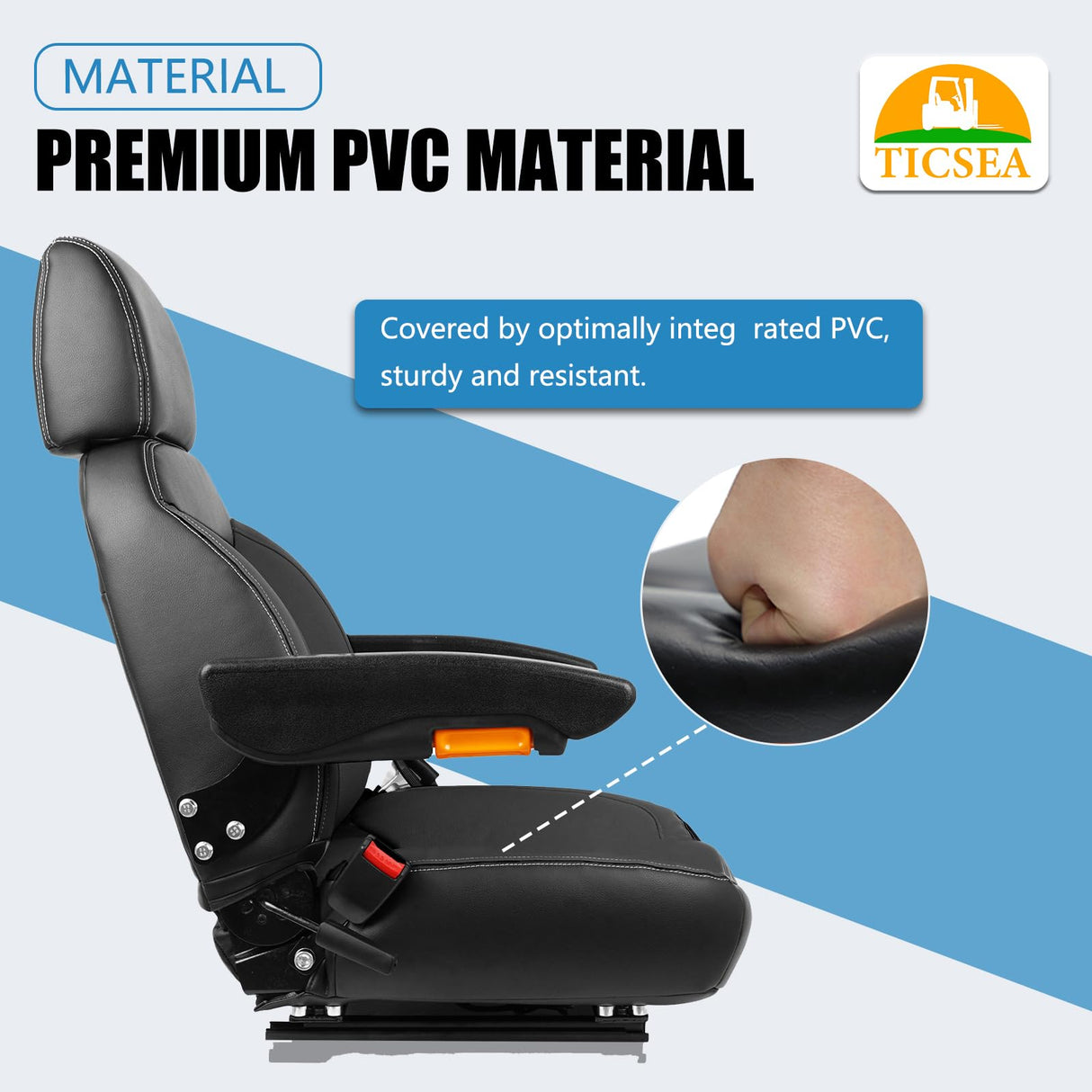 TICSEA Universal Tractor Seat, Forklift Seat with Retractable Seatbelt and Adjustable Backrest Headrest Armrests for Boat Excavator Harvester Loader Backhoe Dozer Telehandler(Black) TICSEA