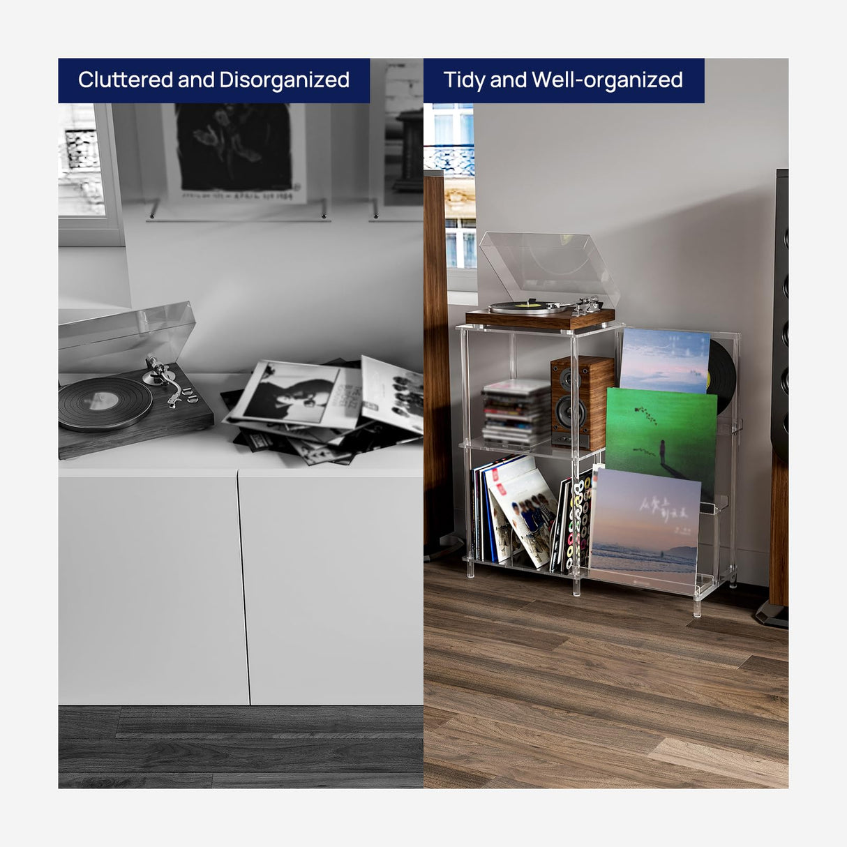 HMYHUM Acrylic Record Player Stand with Vinyl Storage, 3-Tier Record Player Table with Record Holder, Holds Up to 200 Albums, with Dividers, Modern, Clear HMYHUM