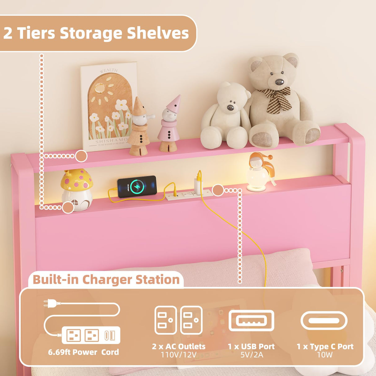 Merronix Twin Bed Frames with Charging Station, 2 Tiers Storage Headboard Twin Sized Bed No Box Spring Needed Heavy Duty Metal Platform Bed for Girls, Pink Merronix