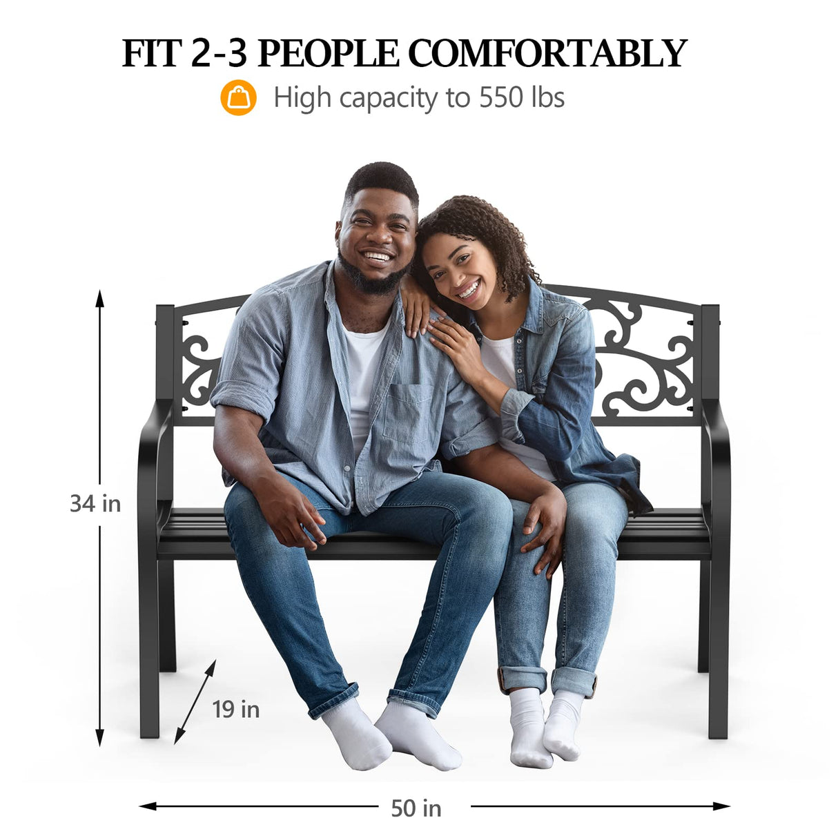 VINGLI Outdoor Bench for Patio Metal Garden Bench w/PVC Back Pattern, Black Park Benches Front Porch Benches for Yard Lawn Decor Deck Entryway (Floral) VINGLI