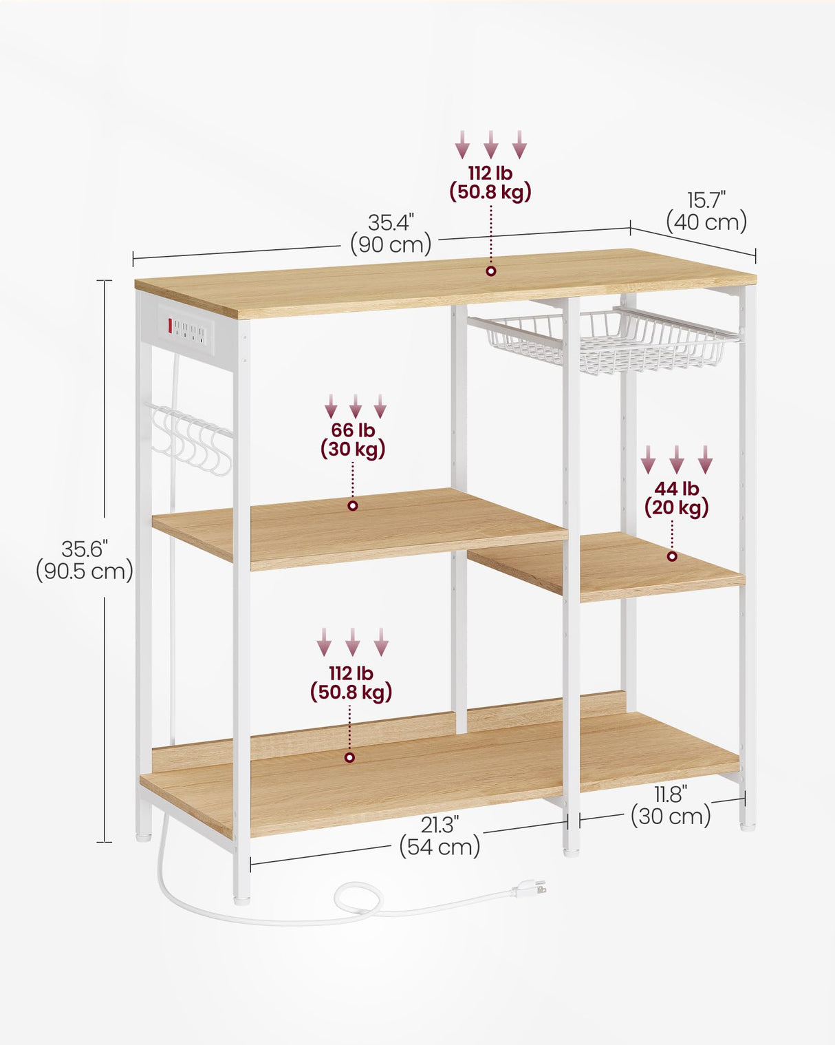 VASAGLE Baker's Rack, Coffee Bar Stand with Charging Station, Storage Shelves, Pull-Out Wire Basket, Table for Microwave, Kitchen, Oak Beige UKKS036Y09, 15.7 x 35.4 x 35.6 Inches VASAGLE