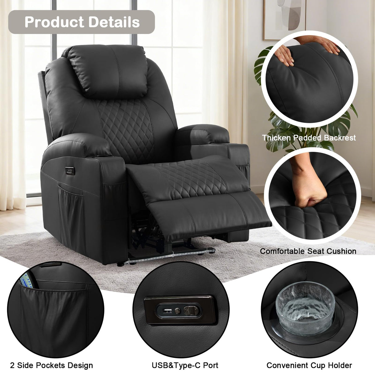 WISHDEER Power Recliner Chair with Heat and Massage for Adults - Home Theater Seating with LED Lights,Cup Holders,Side Pocket,USB Port - Recliner Sofa for Living Room(Black, Set of 2) WISHDEER