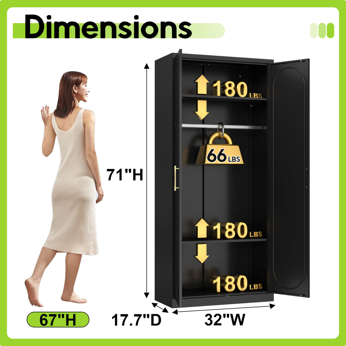 UNICOLY Armoire Wardrobe Closet with Doors, 71'' Wardrobe Cabinet with Hanging Rod, Metal Closet with 2 Adjustable Shelves for Bedroom School, Employee, Gym, Armarios De Ropa para Dormitorio, Black UNICOLY