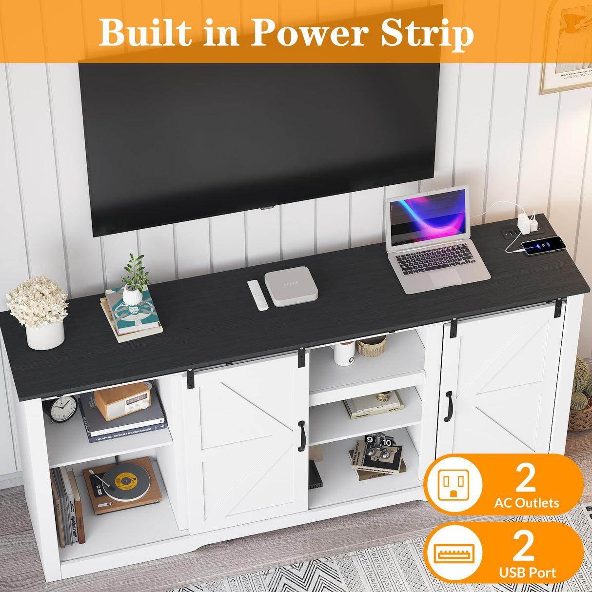 GarveeLife 70 in Farmhouse TV Stand with Power Outlets for Televisions Up to 80 in TVs, Sliding Barn Door & Large Storage Cabinets with Adjustable Shelf, 32 in Tall TV Media Console, White GarveeLife
