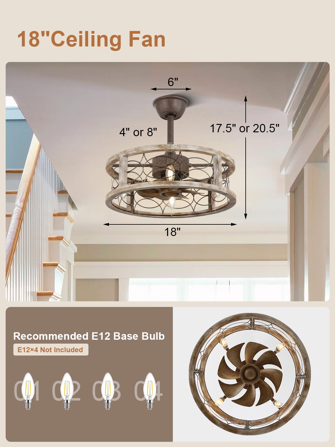Curve Curio Caged Ceiling Fans with Lights, 18 Inch Farmhouse Ceiling Fans with Lights and Remote, Rustic Industrial Fandelier Ceiling Fan Enclosed for Bedroom Curve Curio