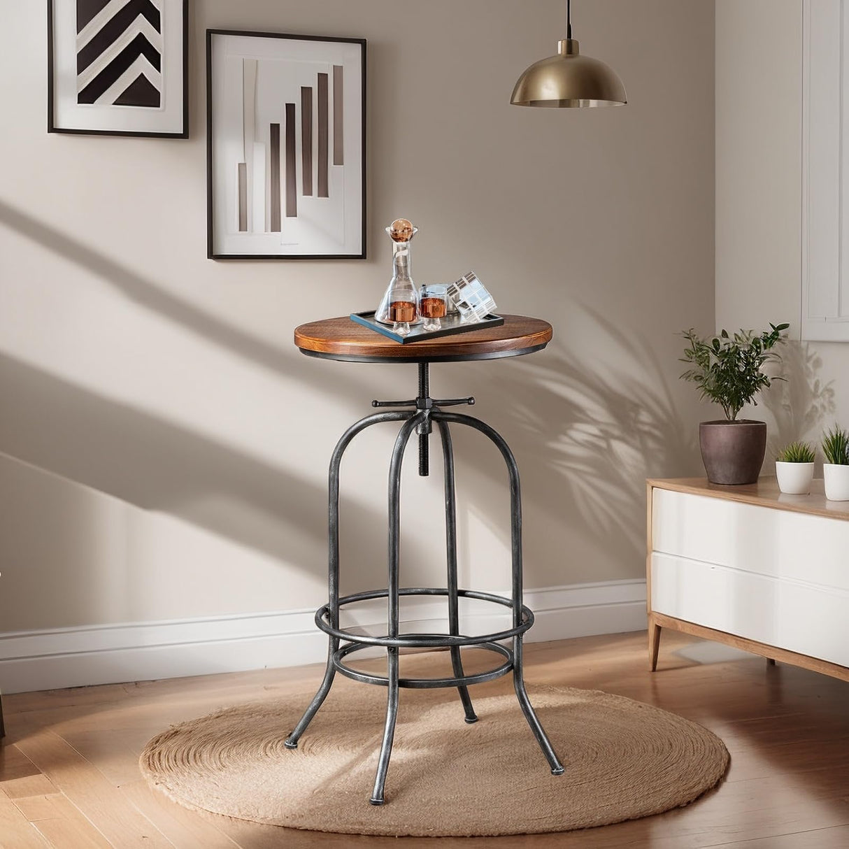 BOKKOLIK Rustic Bar Table Vintage Bistro Table Industrial Pub Table for Kitchen Coffee House Office Computer Desk Swivel Round Wooden Top 37.4-45.3inch Height Adjustable BOKKOLIK