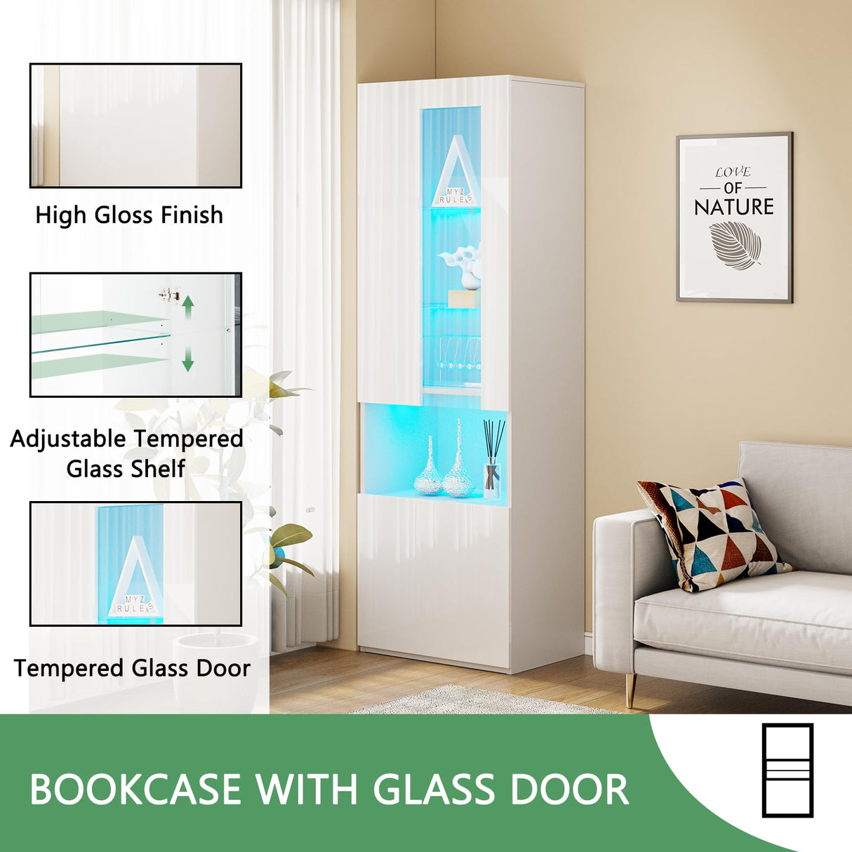 AMERLIFE High Gloss Living Room Entertainment Center with LED Lights, Including Floating Fireplace TV Stand with 40" Electric Fireplace & 2 Bookcases with Glass Doors, All White AMERLIFE