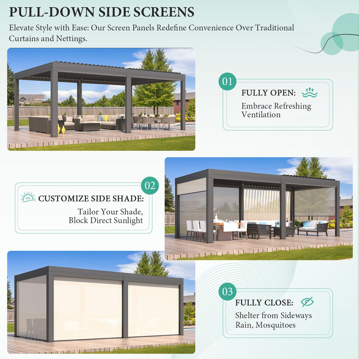 YOLENY Louvered Pergola and 6 Pull-Down Screens, 10x20FT All Aluminum Pergola with Adjustable Rainproof Roof, Outdoor Sun Shade Shelter for Patio, Weatherproof, Dark Gray YOLENY