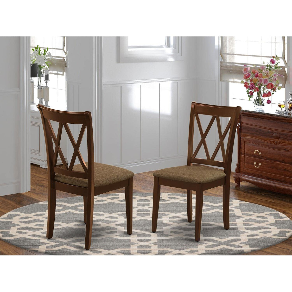 East West Furniture CLC-MAH-C Clarksville Dinette Chairs - Linen Fabric Upholstered Wood Chairs, Set of 2, Mahogany East West Furniture