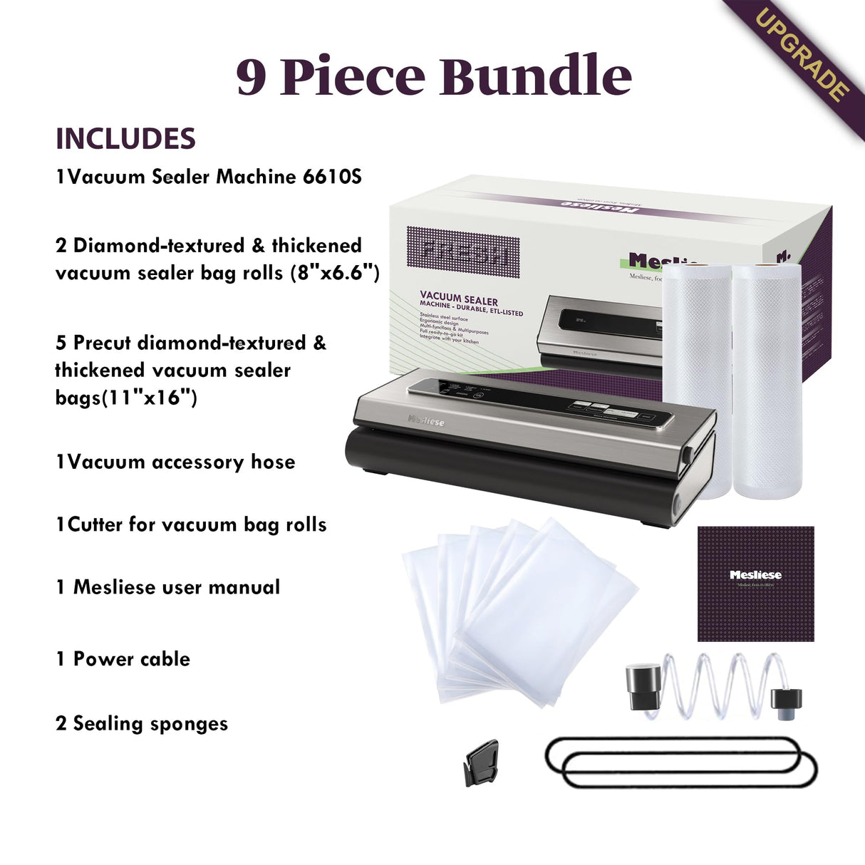 Mesliese Vacuum Sealer Machine Powerful 90Kpa Precision 6-in-1 Compact Food Preservation System with Cutter, 2 Bag Rolls & 5 Pre-cut Bags, Widened 12mm Sealing Strip, Dry&Moist Modes (Silver) Mesliese