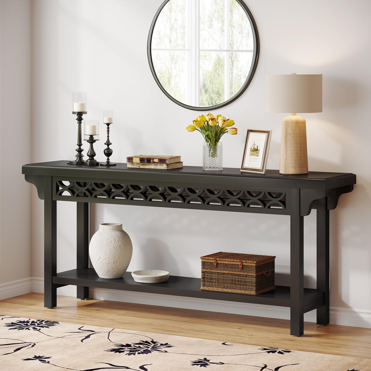 Tribesigns 70.8-Inch Solid Wood Long Console Table, Farmhouse Entryway Table with Storage, Narrow Sofa Table Grey Couch Table for Living Room Entryway Hallway (Black) Tribesigns