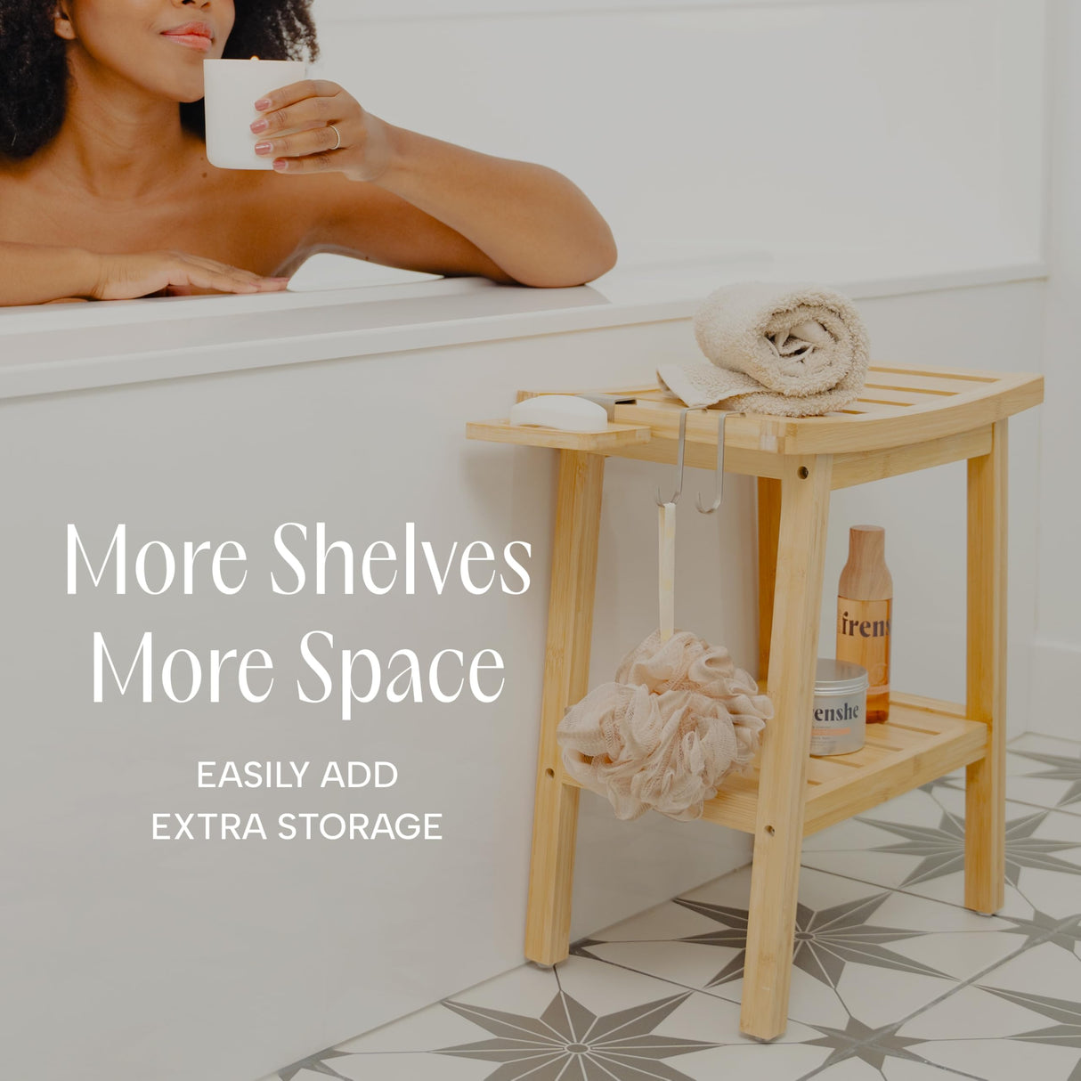 Bamboo Shower Bench for Inside Shower – Waterproof Bathroom Spa Seat with Shelf, Hooks & Soap Tray – Wood Shower Stool for Shaving, Sauna, or Small Bathroom – Walnut ATALIA