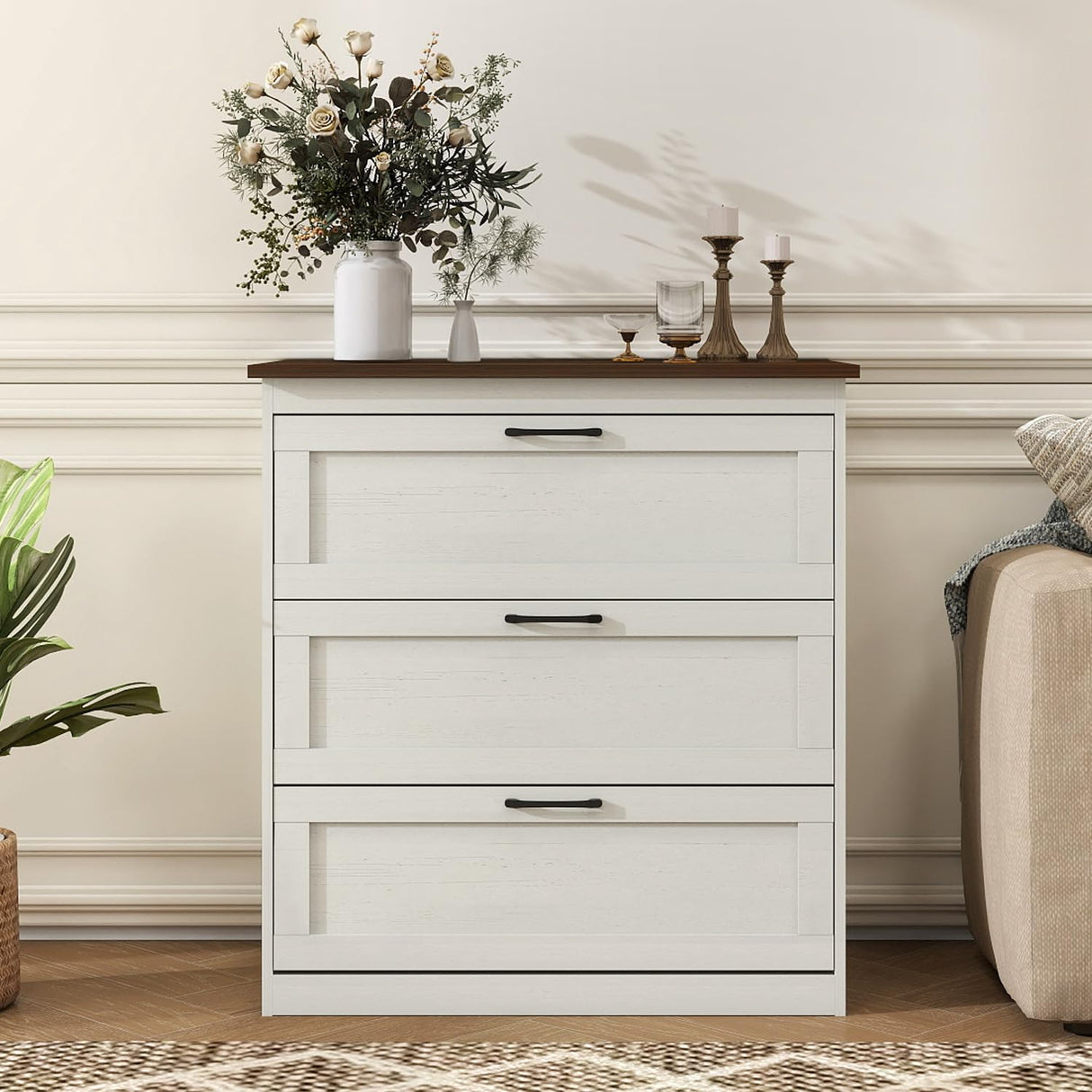 Vikiullf Small Dressers, Wooden 3 Drawer Dresser for Bedroom, Farmhouse Chest of Drawers, Storage Drawers for Bedroom, Living Room, Hallway, EntrywayRust Oak White Vikiullf