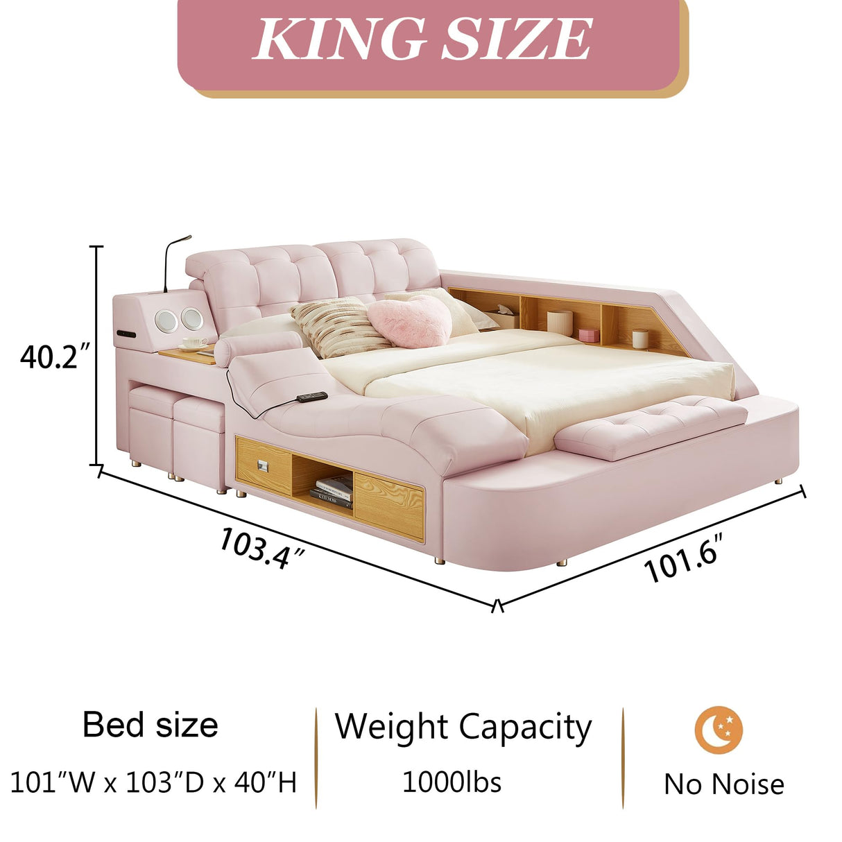 Modehodei Luxury King Size Bed Frame, Modern Multifunctional Bed with Massage Recliner | Bluetooth Speaker | USB Charging Station | Adjustable Headboard, PU Leather Fabric, Bedroom Furniture, Pink Modehodei