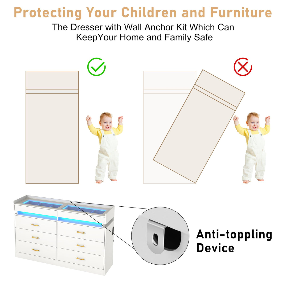 59''W Large Modern 8 Drawers Dresser for Bedroom with Glass Tabletop,Wide Wooden 6 Chest of Drawers for Closet&2 Jewelry Drawers,LED Light,Power Outlets,Tall Storage Dresser for Bedroom,White Hlivelood