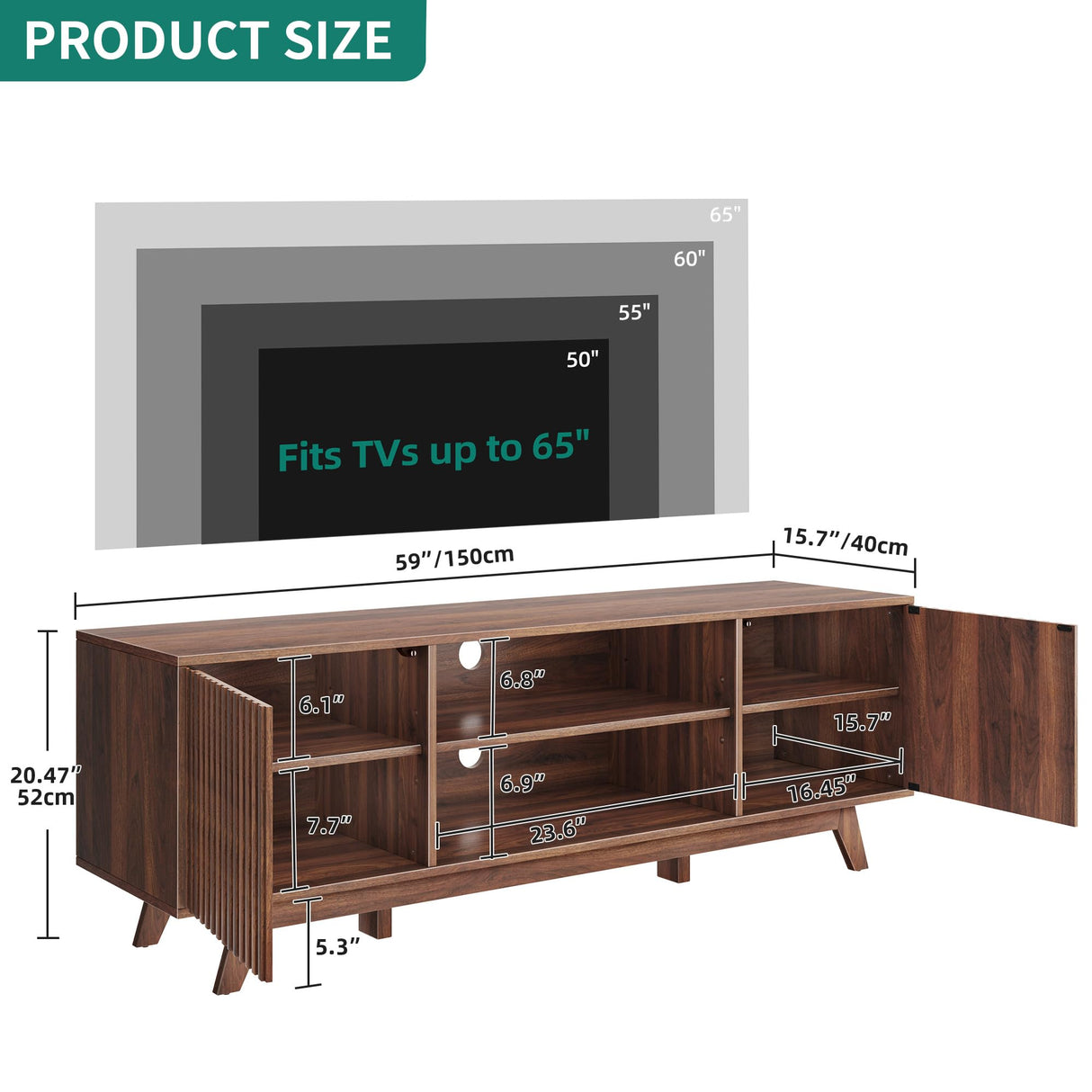 DWVO LED TV Stand, Fluted Entertainment Center for 65 Inch TV, Mid Century Modern TV Cabinet with Adjustable Shelves, Media Console Table for Living Room, Walnut DWVO