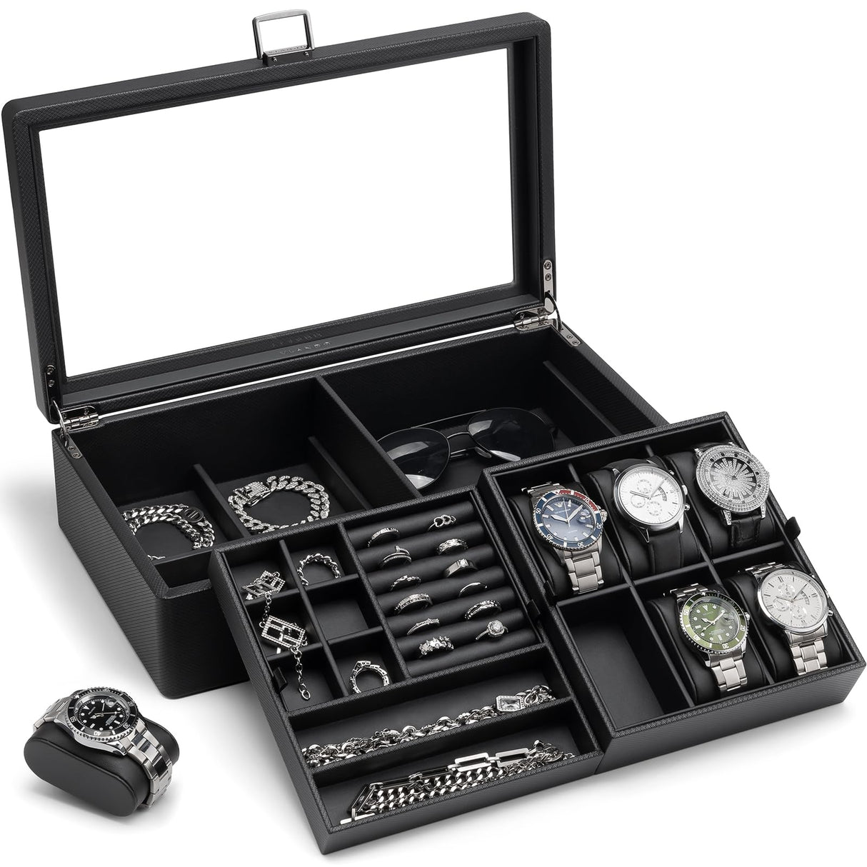 Vlando 6-Slot Watch Box Organize, Lockable Watch Case with Textured Leather, 2 Layer Watch Holder for Rings, Bracelets, Glasses, Glass Lid, Removable Divider, Gift for Fathers, Husband, Friend, Black Vlando