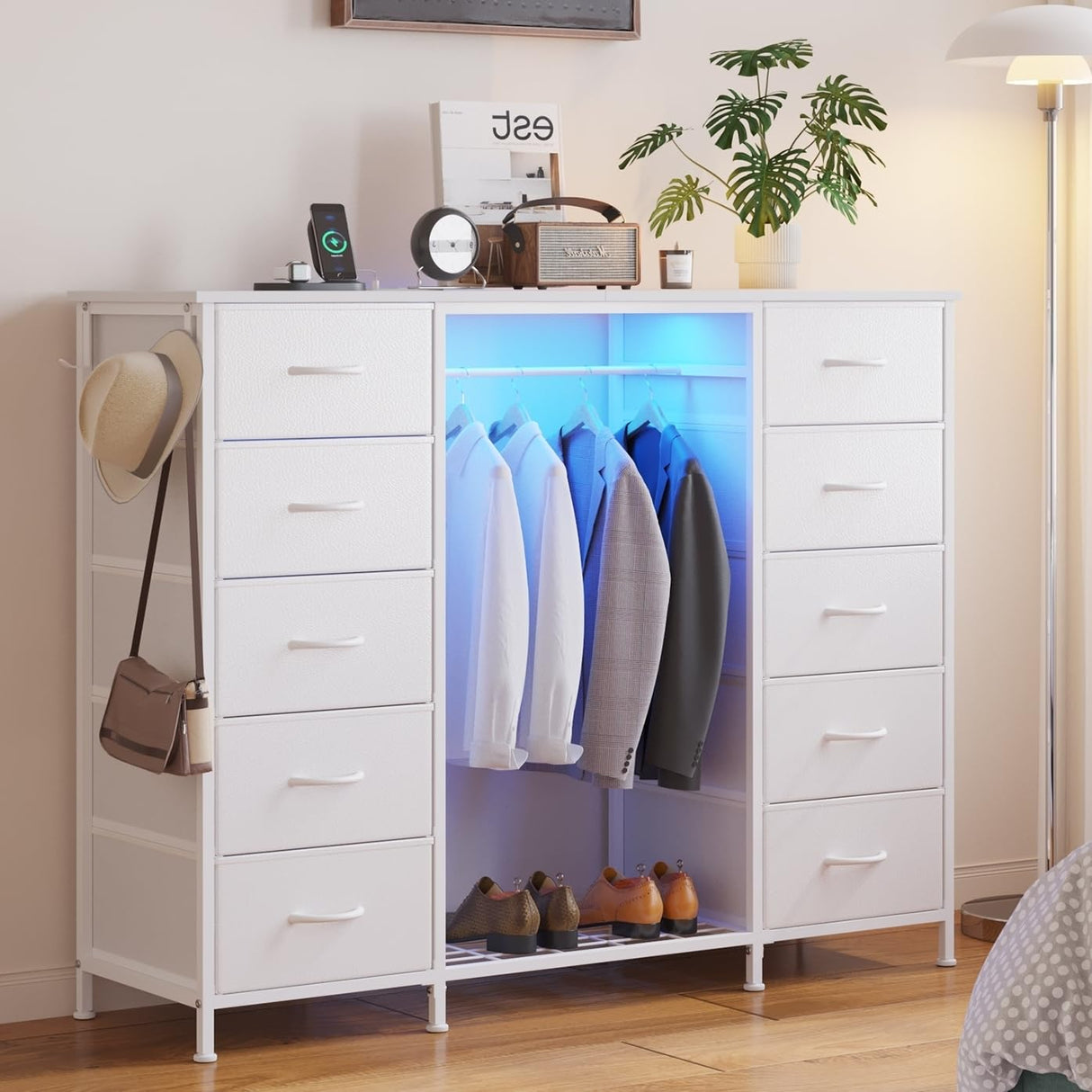 LUMTOK 55" W 2-in-1 Dresser with Hanging Rack, 10 Drawers Dresser for Bedroom, White Drawer Dressers with LED Lights, Charging Station and Hanging Racks for Bedroom LUMTOK