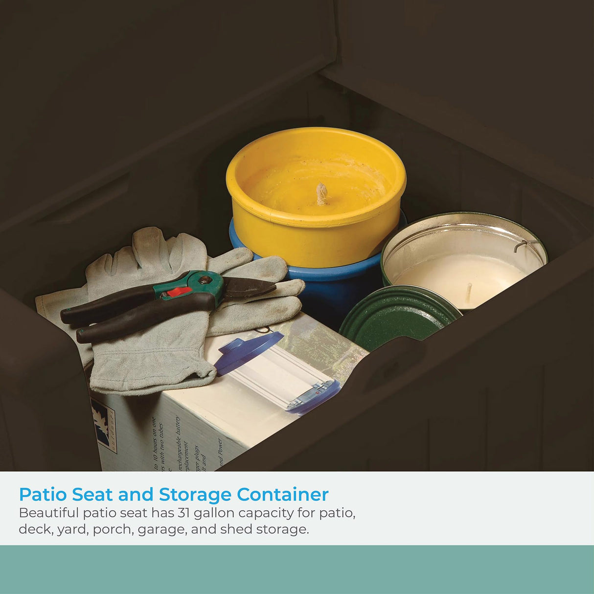 Suncast 31 Gallon Outdoor Backyard Garden Patio Seat Storage and Bench Chair with Arm Rest, Java Suncast