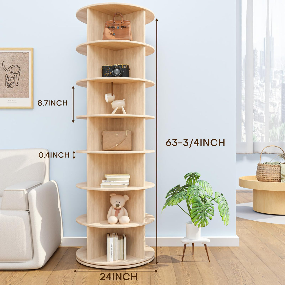 TOCRETOARE Rotating Shoe Rack Tower, 7-Tier Solid Pine Wood Spinning Shoe Display 360° Lazy Susan Shoe Rack, Revolving Shoe Stand, Shoe Rotating Organizer for Closet Shoes and Handbags TOCRETOARE