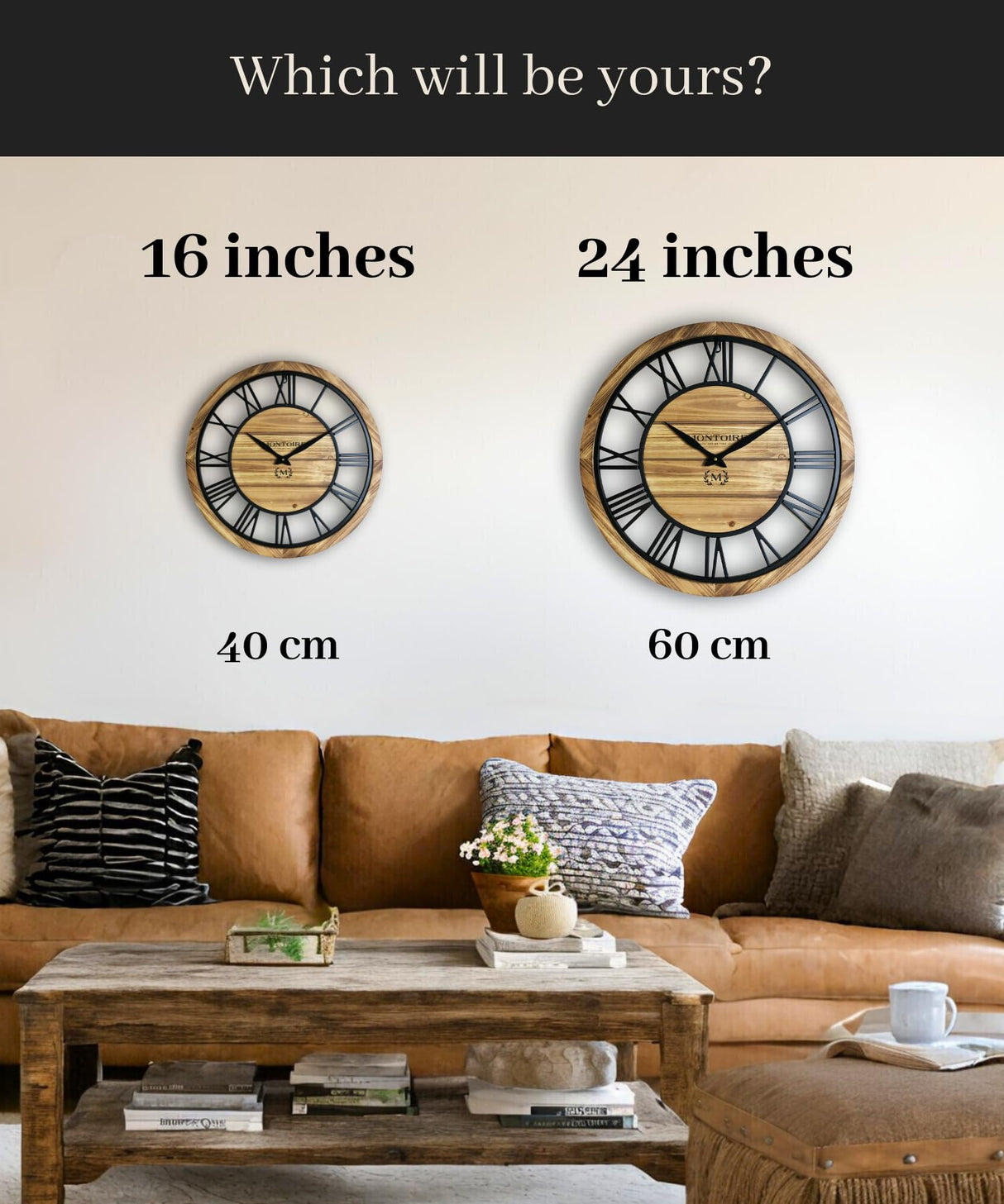 24 Inch Farmhouse Wall Clock Large - Giant Extra Large Wall Clock for Living Room Decor - Large Wall Clock 24 Inches or Larger, Big Round Wall Clock with Decorative Roman Numerals, Battery Operated Montoire