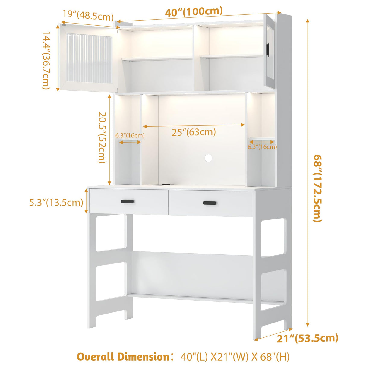 LVSOMT Home Office Desk with Hutch, Modern Computer Gaming Desk with LED Lights & Power Outlets, White Study Table with Storage Shelves, Teen Writing Desk for Bedroom, 40'' W LVSOMT