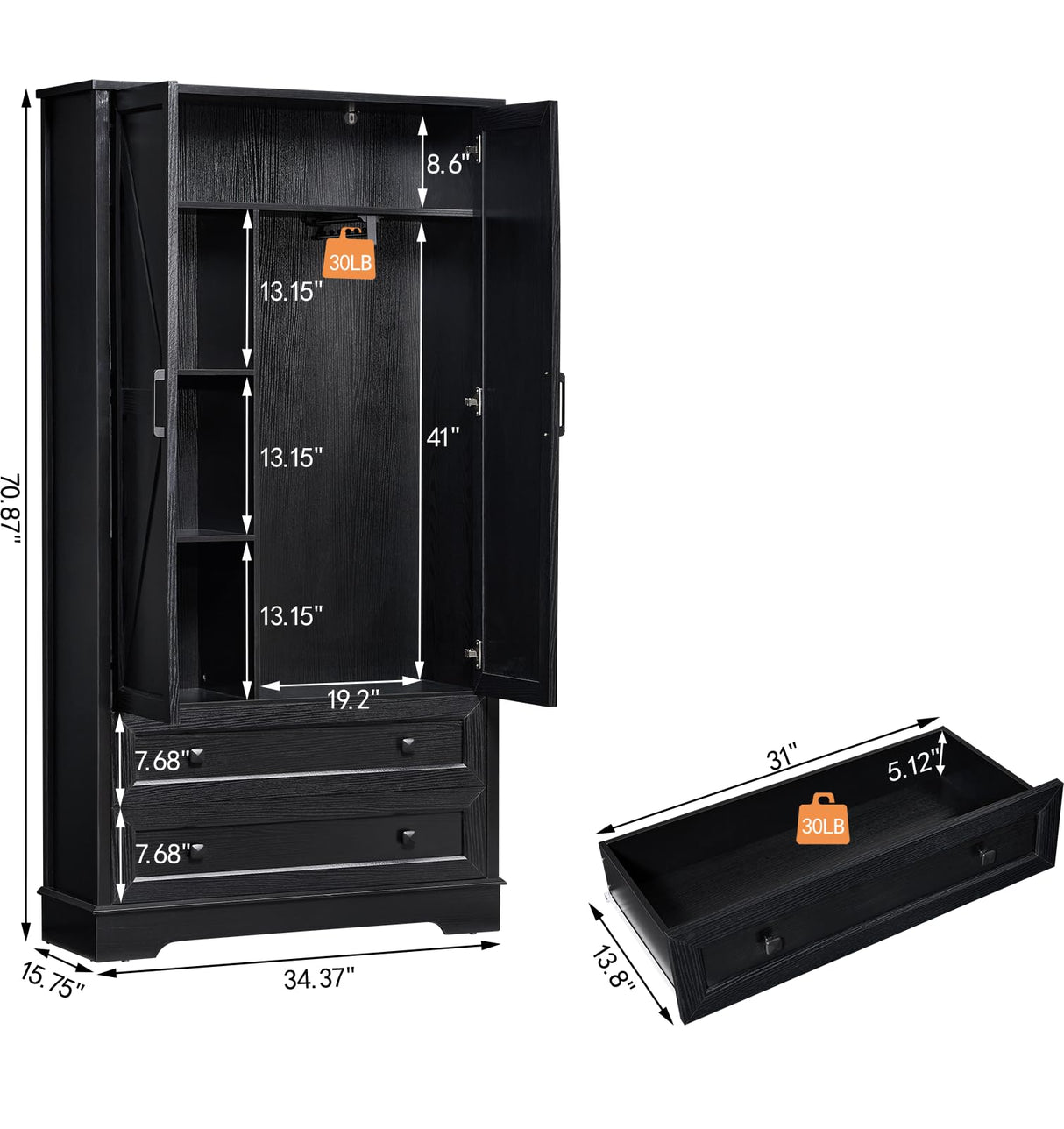 SOOWERY Dresser for Bedroom, Farmhouse Dresser with 2 Wooden Drawers and Storage Cabinets, 71 Inches Tall Chest of Drawers for Bedroom, Living Room, Hallway, Black SOOWERY