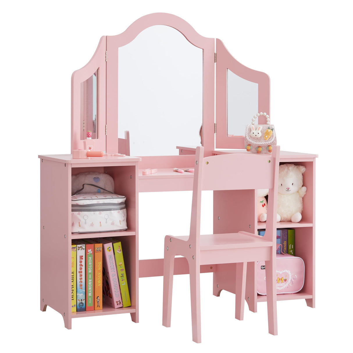 Kovhzcu 2 in 1 Kids Vanity Set, Princess Makeup Vanity Storage Cabinet with Detachable Top, Girls Vanity Set with Tri-fold Mirror, Kids Vanity Set with Mirror Age 3-9 (Pink with Chair) Kovhzcu