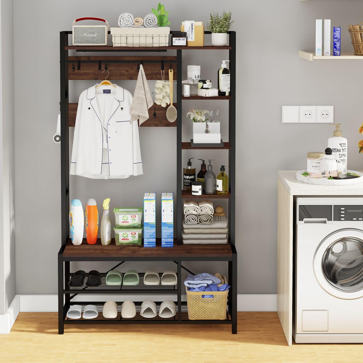 BON AUGURE Hall Tree with Shoe Storage, 5-in-1 Reversible Entryway Bench with Coat Hooks for Hallway, Rustic Wood and Metal Coat Rack with Shelves for Mudroom (Rustic Oak) BON AUGURE