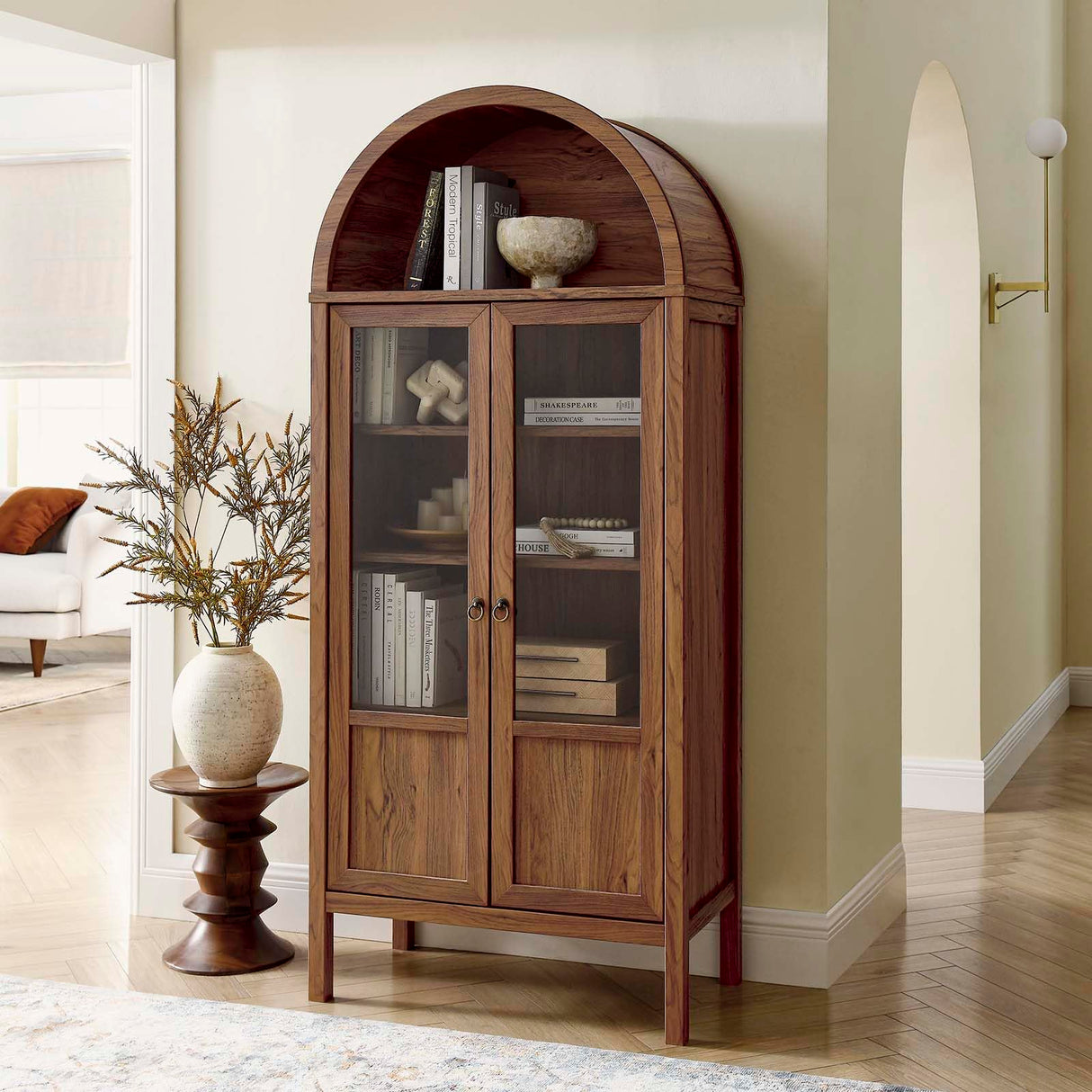 Modway Tessa Arched 71" Tall Storage Display Cabinet in Walnut Wood Grain Modway