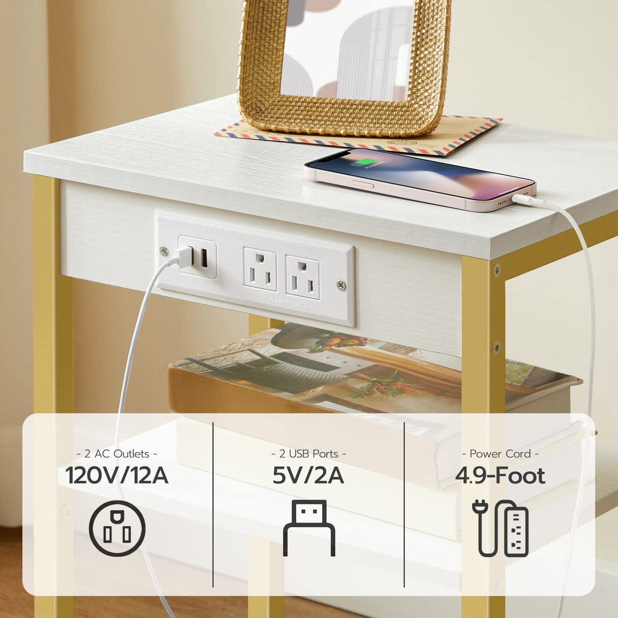 HOOBRO End Tables Set of 2 with Charging Station and USB Ports, 3-Tier Nightstands with Adjustable Shelves, Small Side Tables for Small Space in Living Room, Bedroom, White and Gold DW112BZP201G1 HOOBRO