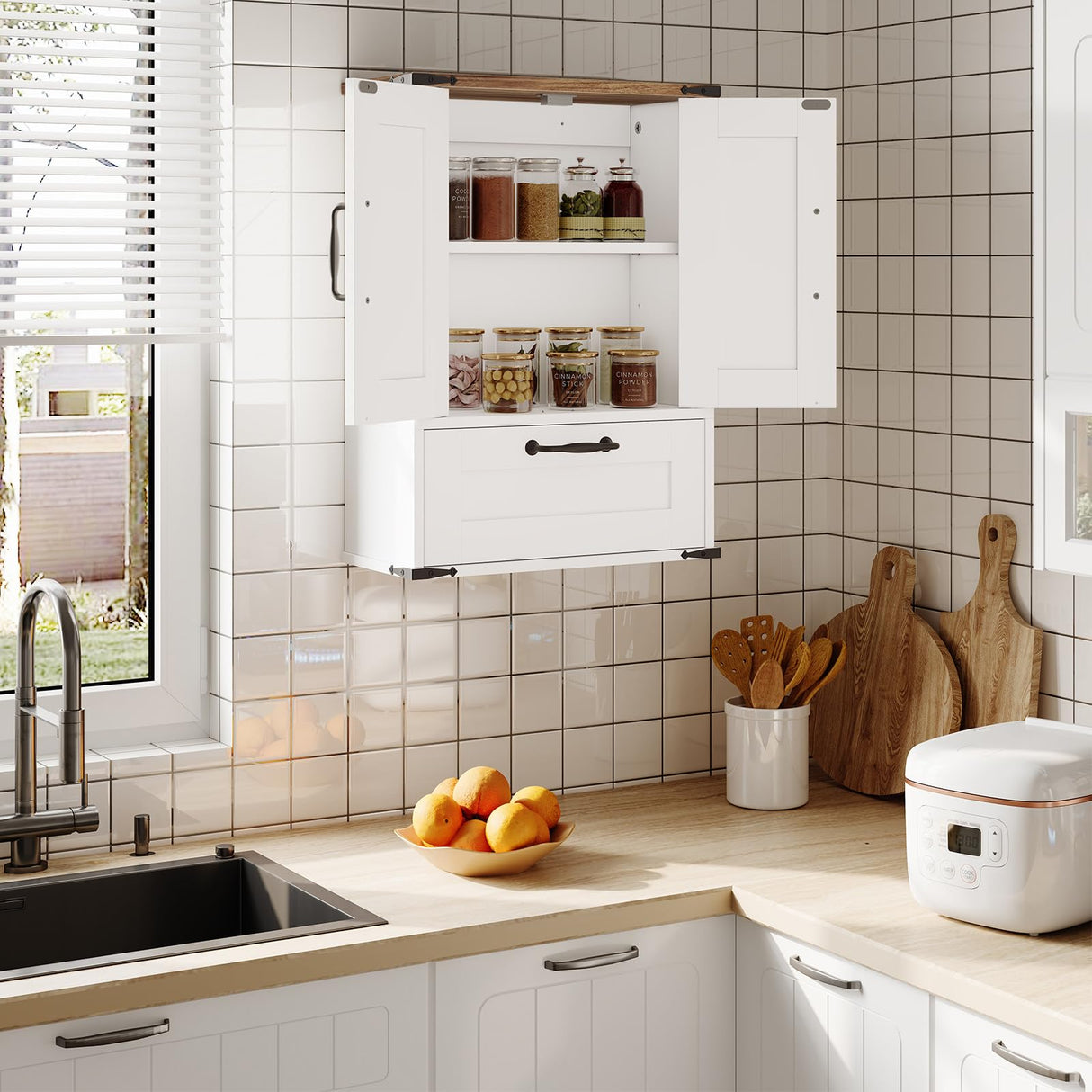 HOOBRO Farmhouse Wall Mounted Cabinet with Adjustable Shelf, Medicine Cabinet with Flip-Down Door, Over The Toilet Bathroom Organizer, for Small Bathroom, Kitchen, White and Walnut HOOBRO