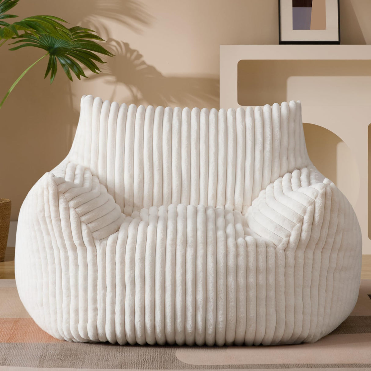 Giant Plush Bean Bag Chair for Adults with Armrests - Oversized Comfy Beige Beanbag Lounge Lazy Floor Sofa Accent Chair for Living Room, Bedroom & Dorm, Cozy Fluffy Single Cloud Mini Couch Gericco