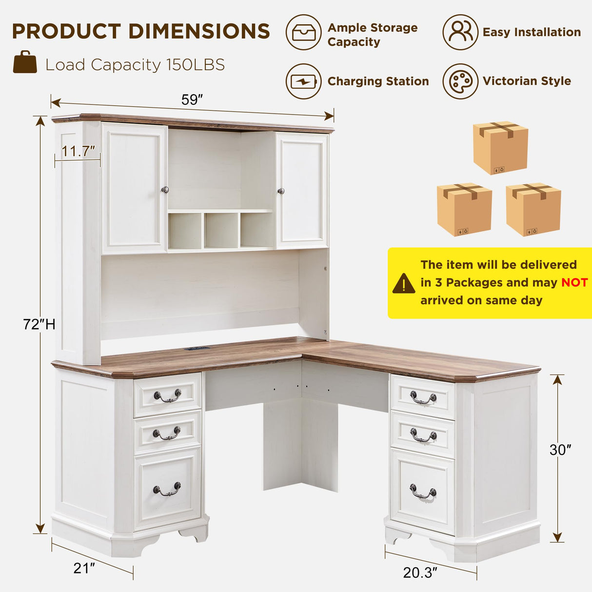 T4TREAM 59" L Shaped Executive Desk with Hutch,Farmhouse Wood Computer Desk, Featuring Charging Station,File Drawer, Storage Cabinet,for Home Office Work and Study (Antique White) T4TREAM