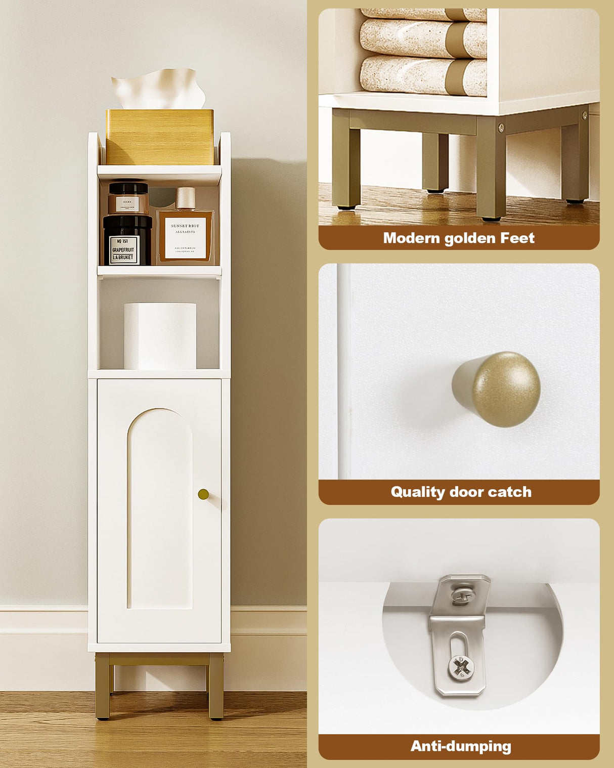 Hzuaneri Bathroom Storage Cabinet, Small Corner Floor Cabinet with Door and Shelves, Narrow Toilet Paper Cabinet, Bathroom Organizer with Adjustable Shelf, for Small Spaces, White BC08203X Hzuaneri