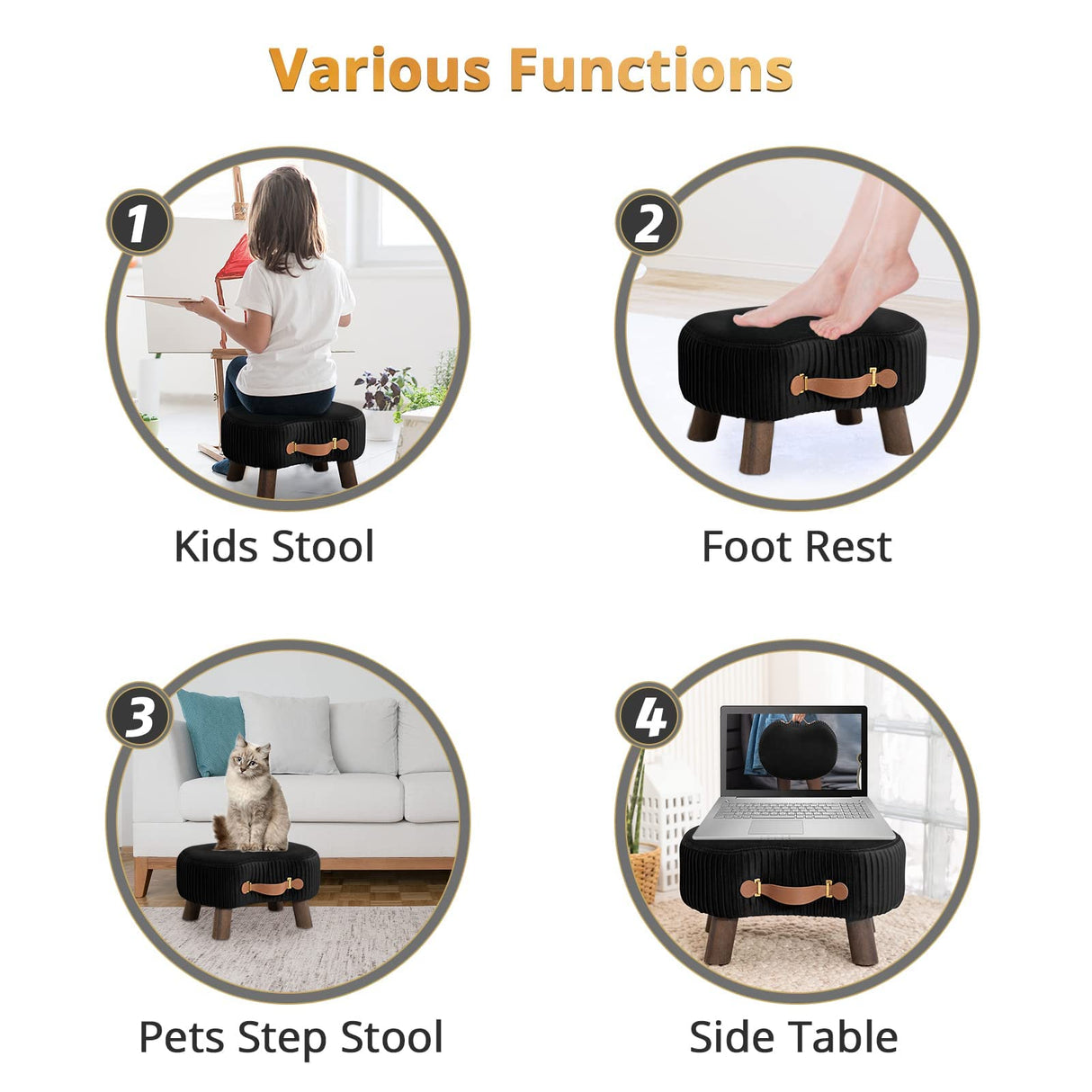 LUE BONA Small Curved Foot Stool with Handle, Black Velvet Footstool and Ottomans, Modern Foot Rest with Wooden Legs, Step Stool with Padded Seat for Couch, Living Room LUE BONA