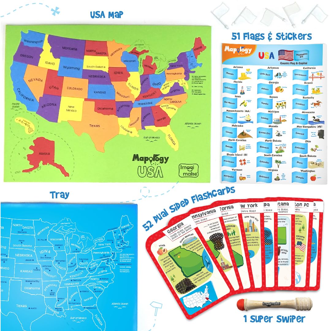 Imagimake Mapology United States Flash Card Puzzle with Flags, Country- Capitals | Educational Toys for Kids Ages 5-8 | Learn Geography Puzzles for kids Ages 8-10 | Christmas Gift for Boys & Girls Imagimake