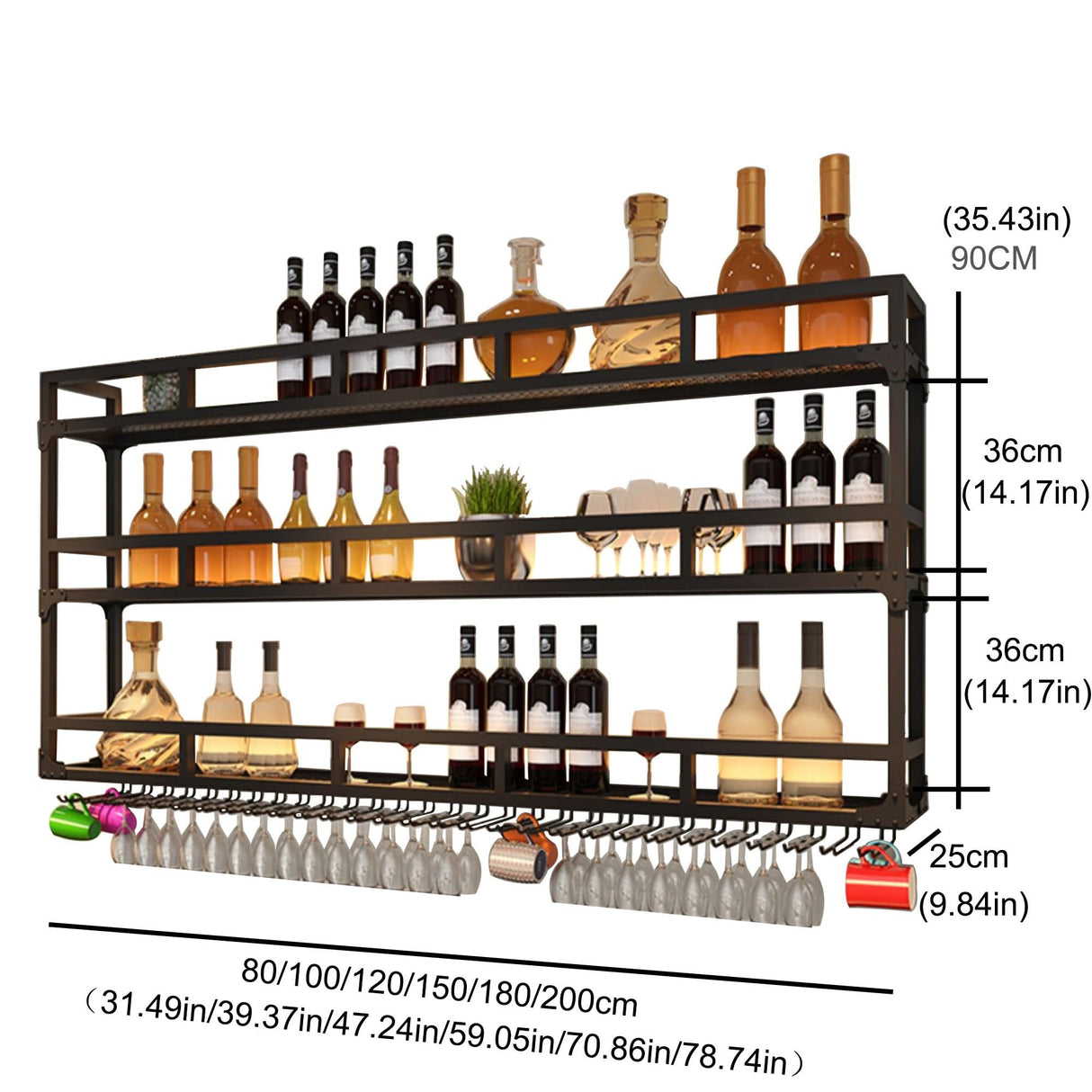 Wall Wine Rack Floating Bar Shelves Wall Mounted with LED Light Liquor Bottle Display Shelf with Hanging Wine Glass Rack Kitchen Wall Shelf Liquor Cabinet Bar Stand for Home Bar Cafe Restaurant(Black, WXZXWXZX