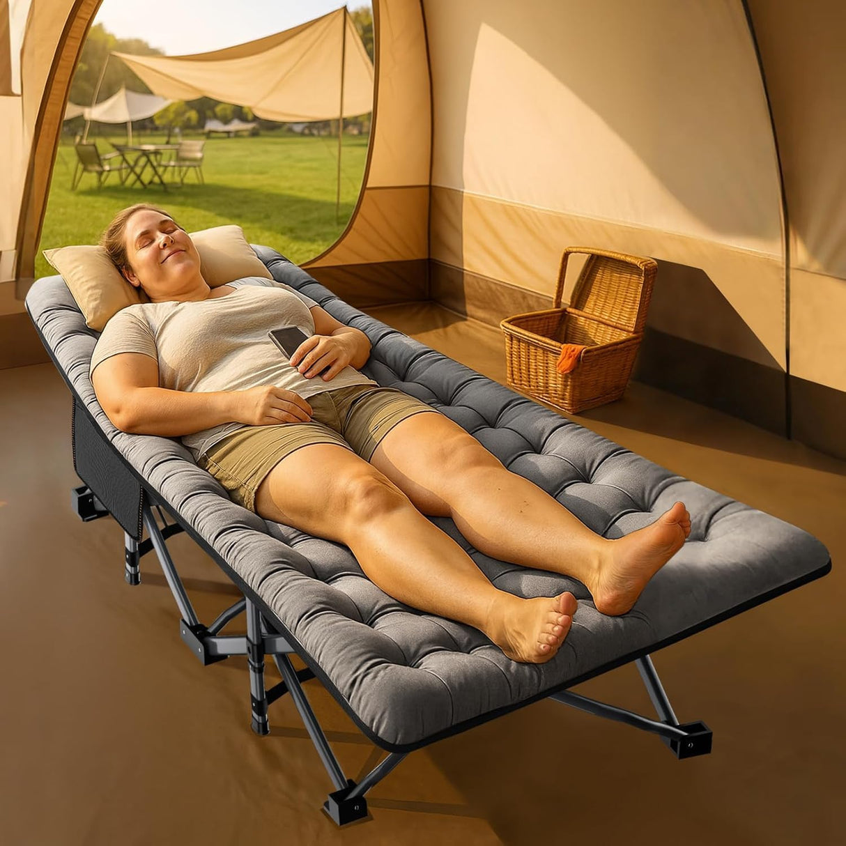 ABORON Oversized XXL Folding Camping Cot W/Mat for Adults, 78" L x 32" W x 18" H, Heavy Duty Outdoor Bed with Carry Bag,1200 D Layer Oxford Travel Camp Cots ABORON