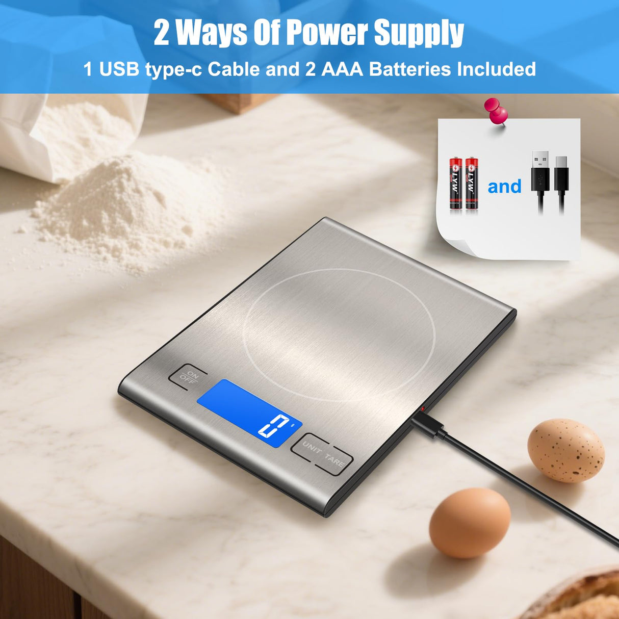 33lb Rechargeable Food Scale, Diyife 304 Stainless Steel Digital Kitchen Scale with 3 Buttons, Weight Grams and Ounces for Baking, Cooking, 5 Units with Tare Function, LCD Display, 2 AAA Batteries Diyife