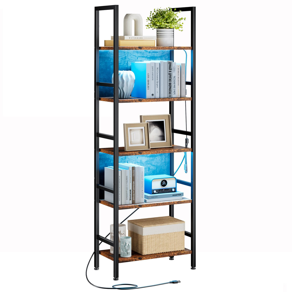 Dunatou 5 Tier Tall LED Book Shelf, 6FT Tall Standing Shelves with RGB Lights, 24'' Wide Lighted Wood Book Shelf 70 Inch Tall, Dimmable Light Up Wooden Bookcase for Bedroom Living Room Office Dunatou