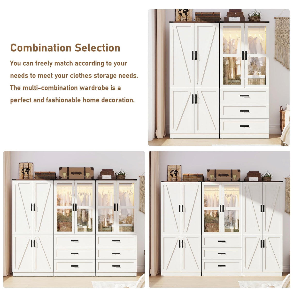 75" Tall Farmhouse 2 Doors Armoire Wardrobe Closet with 3 Drawers and LED,Freestanding Closet Wardrobe Cabinet for Bedroom with Hanging Rod,Wooden Armoire Storage Cabinet Adjustable(Rustic Off White) Hlivelood